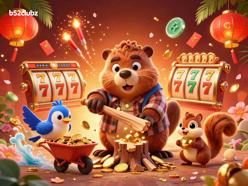 Experience thrilling wins at b52clubz with cartoon characters celebrating jackpot victories amidst coins and festive elements.