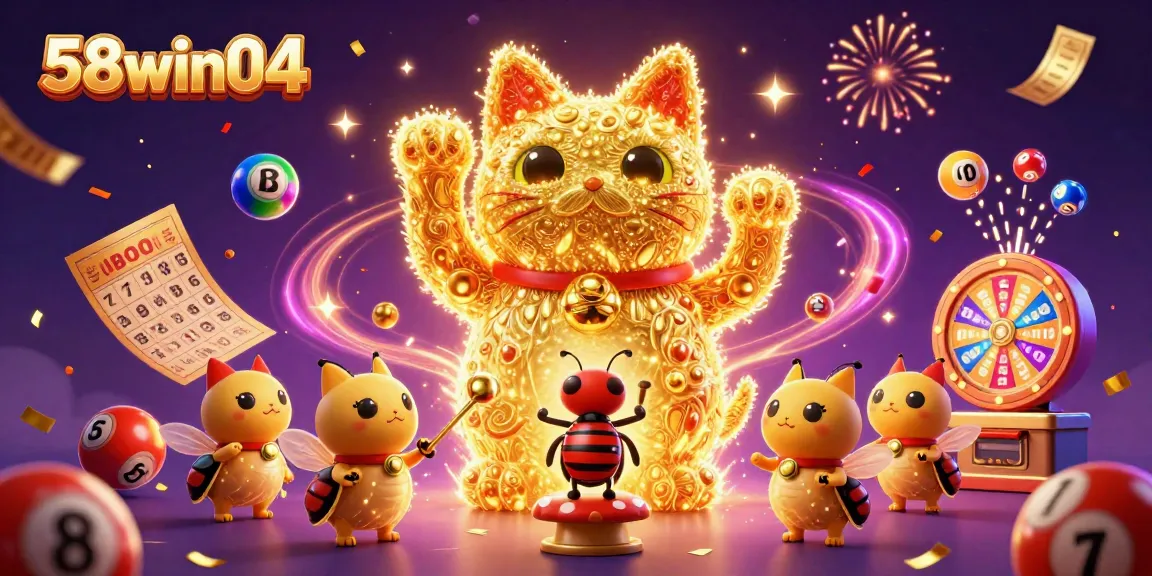 Engage with 58win04's vibrant casino illustration featuring a lucky cat and dynamic lottery elements.