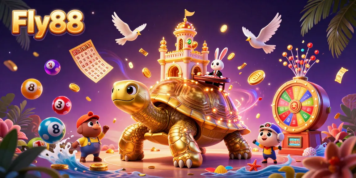 Experience the excitement of Fly88 with vibrant casino scenes featuring a golden tortoise and dynamic gaming elements.