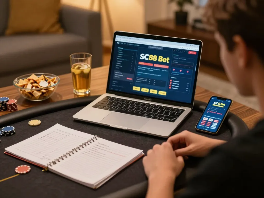 Engaging SC88 Bet gameplay on a laptop, with focus on strategic poker betting and cozy home atmosphere.