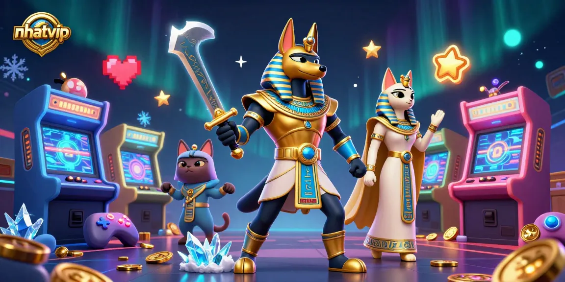 Experience the excitement of nhatvip with ancient warriors and glowing game elements in a vibrant casino setting.
