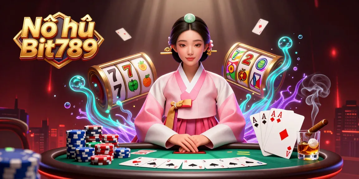 Nổ hũ Bit789 jackpot slot game scene with Asian woman in hanbok and vibrant casino elements.