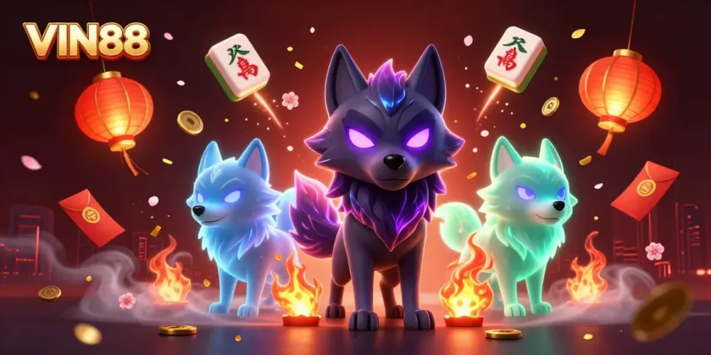 Engage in thrilling gameplay at VIN88 with a vibrant scene featuring a glowing wolf leader and mystical elements.