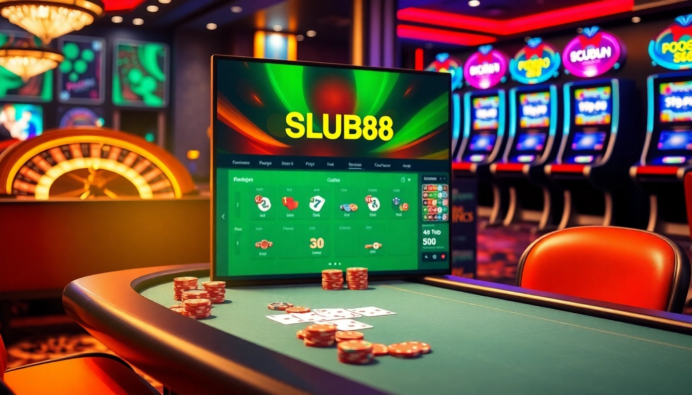 SCLUB88 online gambling interface with vibrant poker chips and cards on a luxurious casino table.