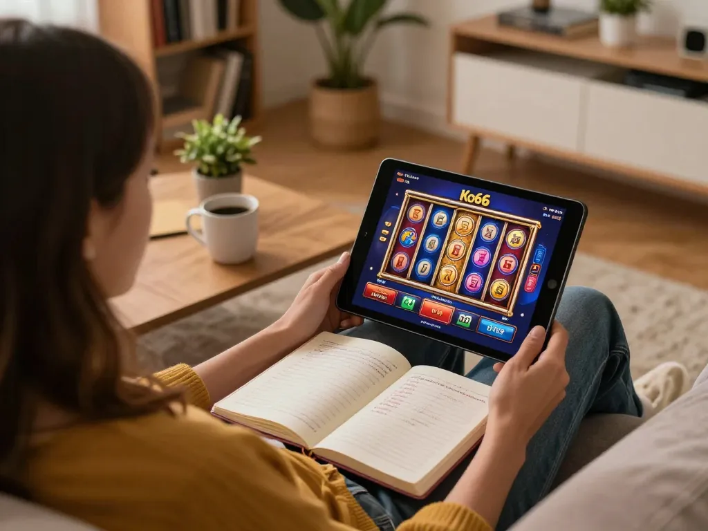 Play online slots at Ko66 from a cozy living room with strategic planning notes nearby.