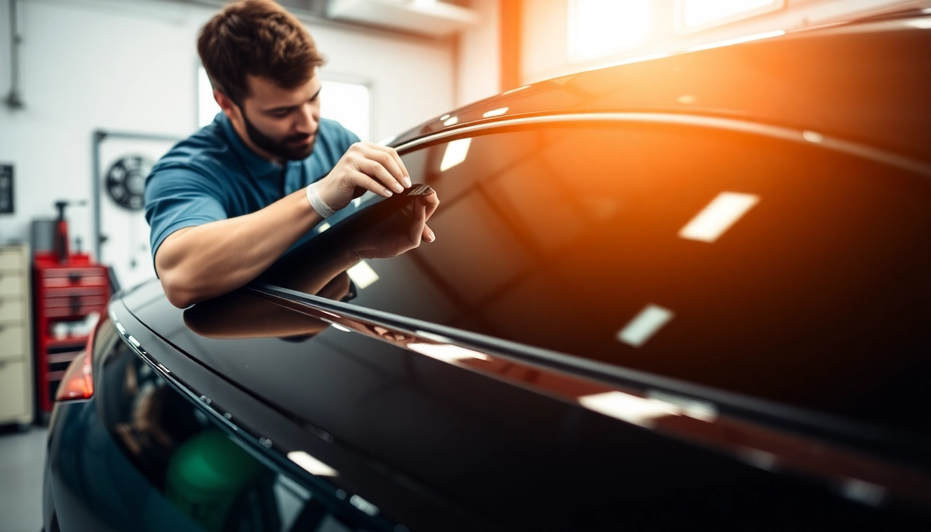 Applying window tint Chattanooga to a vehicle in a well-lit workshop.