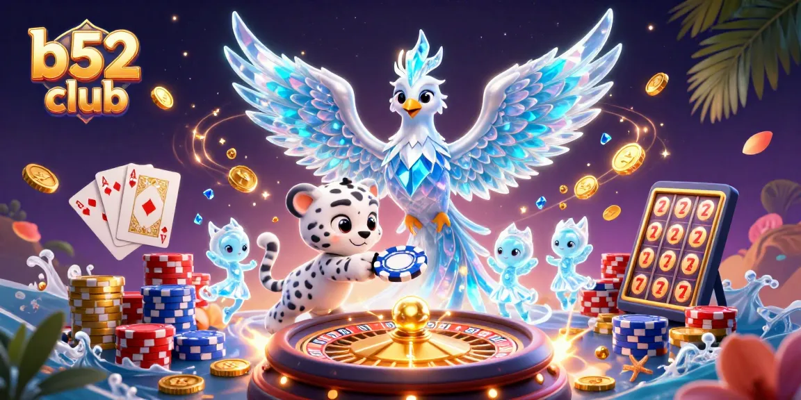 Spin and win at b52 club with an exciting scene featuring a playful snow leopard and unique ice phoenix.