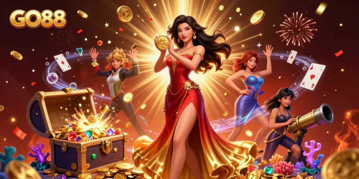 Experience winning moments with GO88 as a stunning Asian woman celebrates with gold coins in an immersive casino scene.