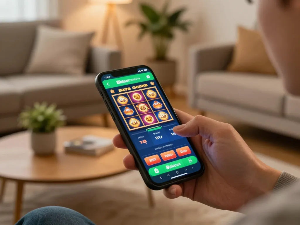 Engaging player using the 8kbet app for online casino bets in a cozy living room setting.