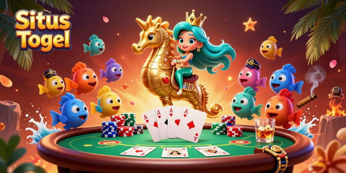 Engage in Situs Togel with a vibrant underwater poker scene showcasing a mermaid and seahorse.