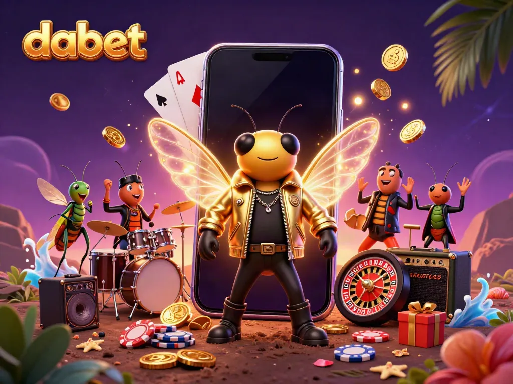 Dabet casino experience with a cartoon cicada rock star and fun gaming elements.