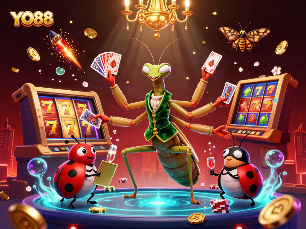Engage with the thrilling world of YO88 slots featuring a vibrant cartoon mantis and ladybug characters.