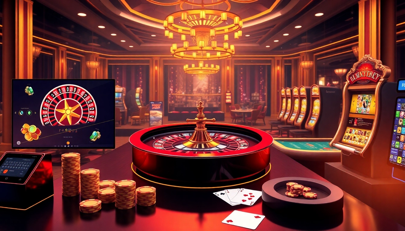 Engaging scene of online casino gaming at https://789p7.io/ with roulette, poker tables, and vibrant slot machines.