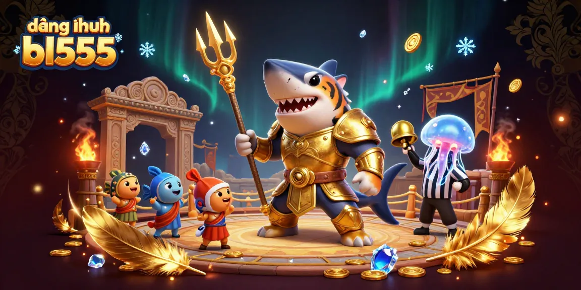 Experience the action of đăng nhập bl555 with a dynamic 3D illustration of a gladiator shark and exciting casino elements.