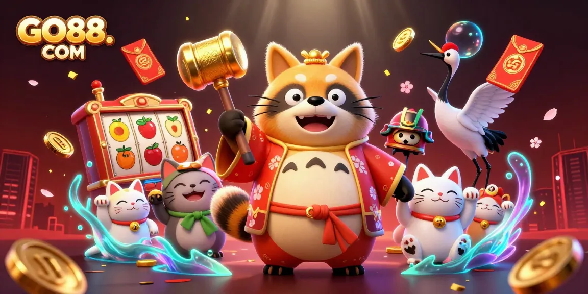 Spin the slot reels at GO88. COM and celebrate wins with a cheerful tanuki, vibrant symbols, and festive elements.