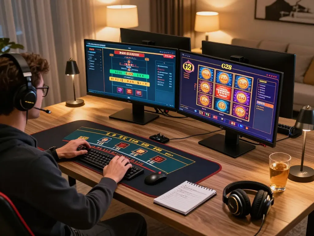 Engaging in a G28 online gaming session at a modern gaming setup with vibrant screens and strategic notes.