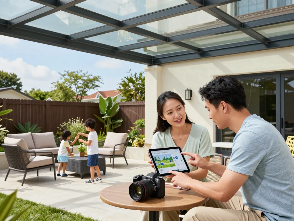 Family using a veranda configurator to personalize their outdoor space