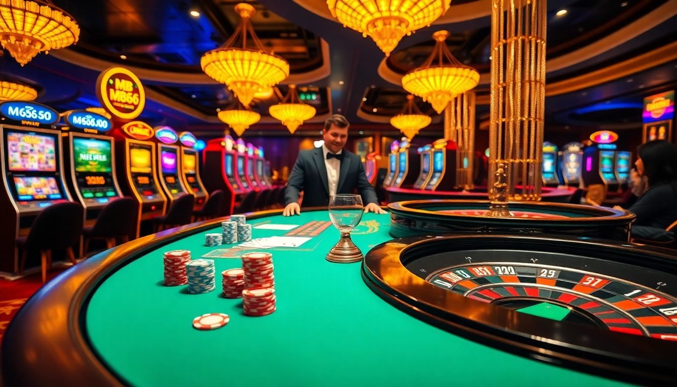 Engaging poker game at MB66 casino with vibrant atmosphere and luxurious decor