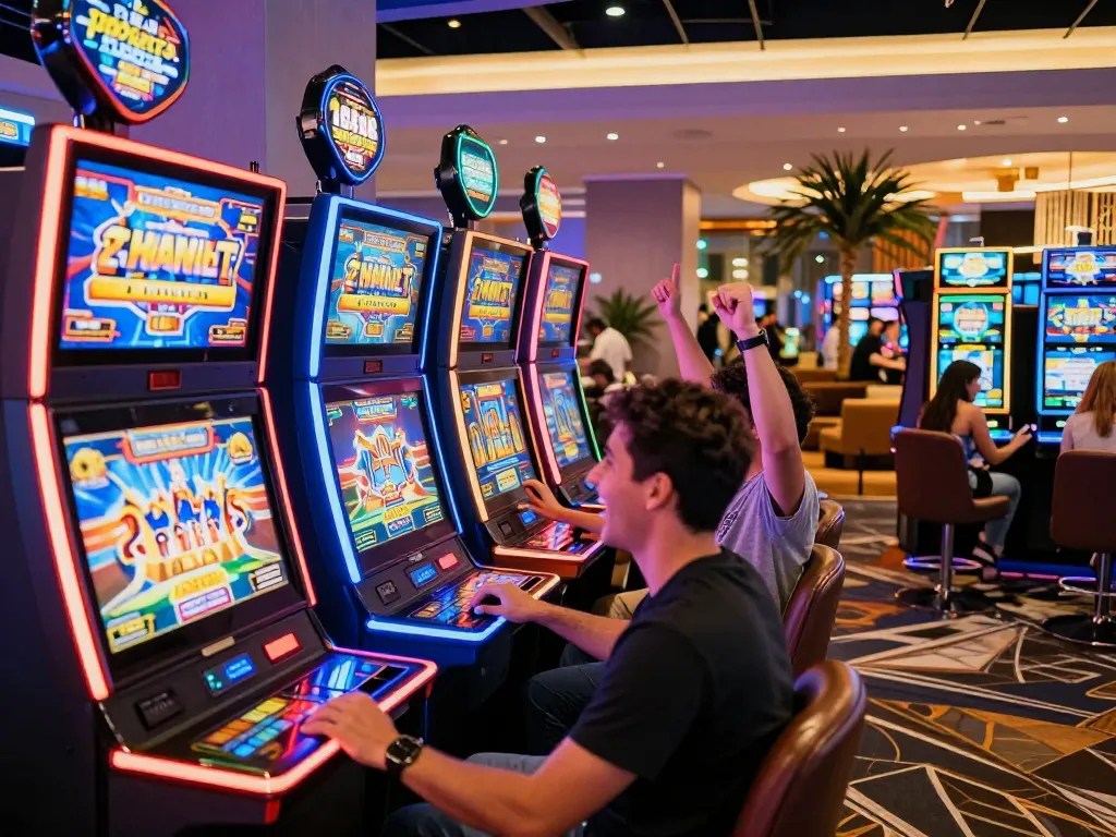 Players enjoying vibrant slot machines at 789bet7a casino, capturing the excitement of gaming.