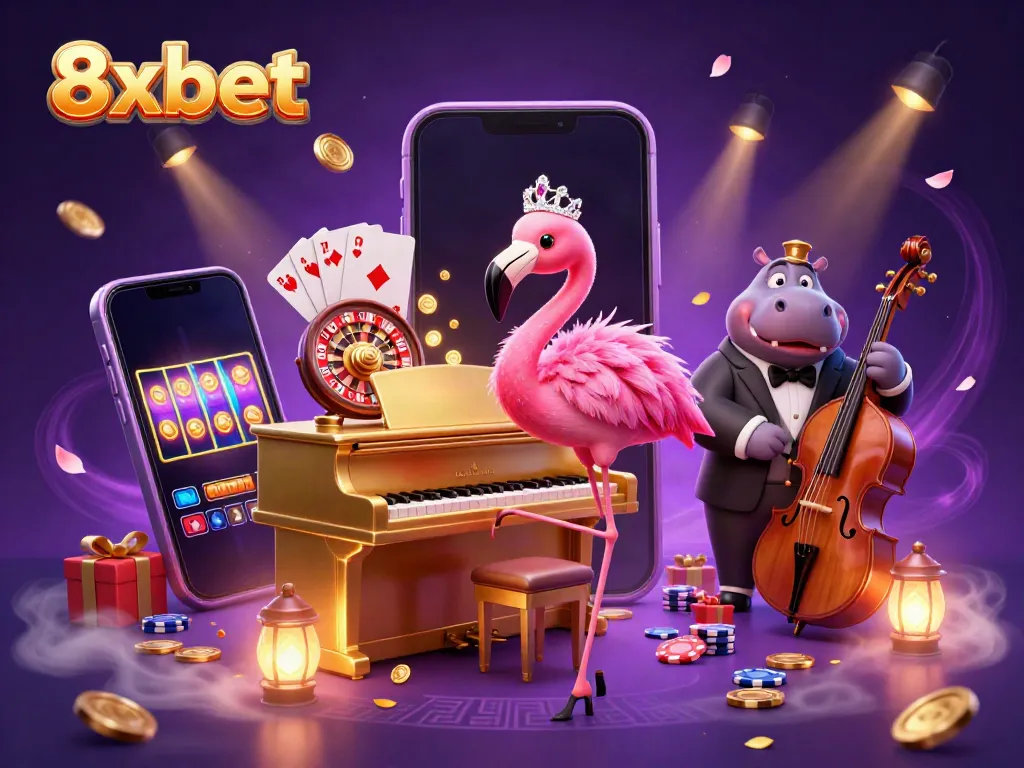 Engaging 3D illustration showing 8xbet characters in vibrant casino setting with games and rich elements.