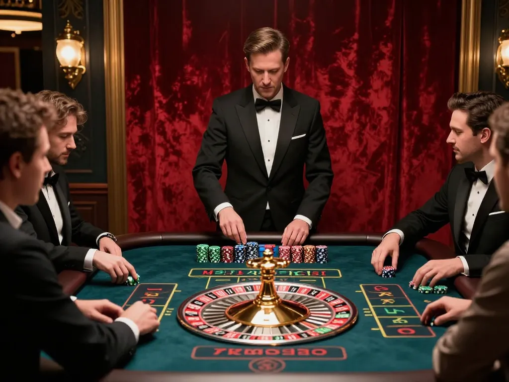 Experience the thrill of 555 WIN instantly at an elegant roulette table with engaged players.