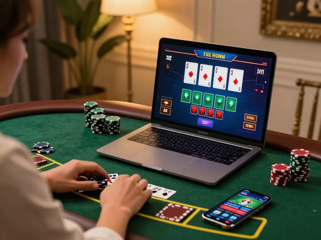 Engaged user experiencing SHBET .COM live dealer blackjack on a modern laptop, showcasing strategic play.
