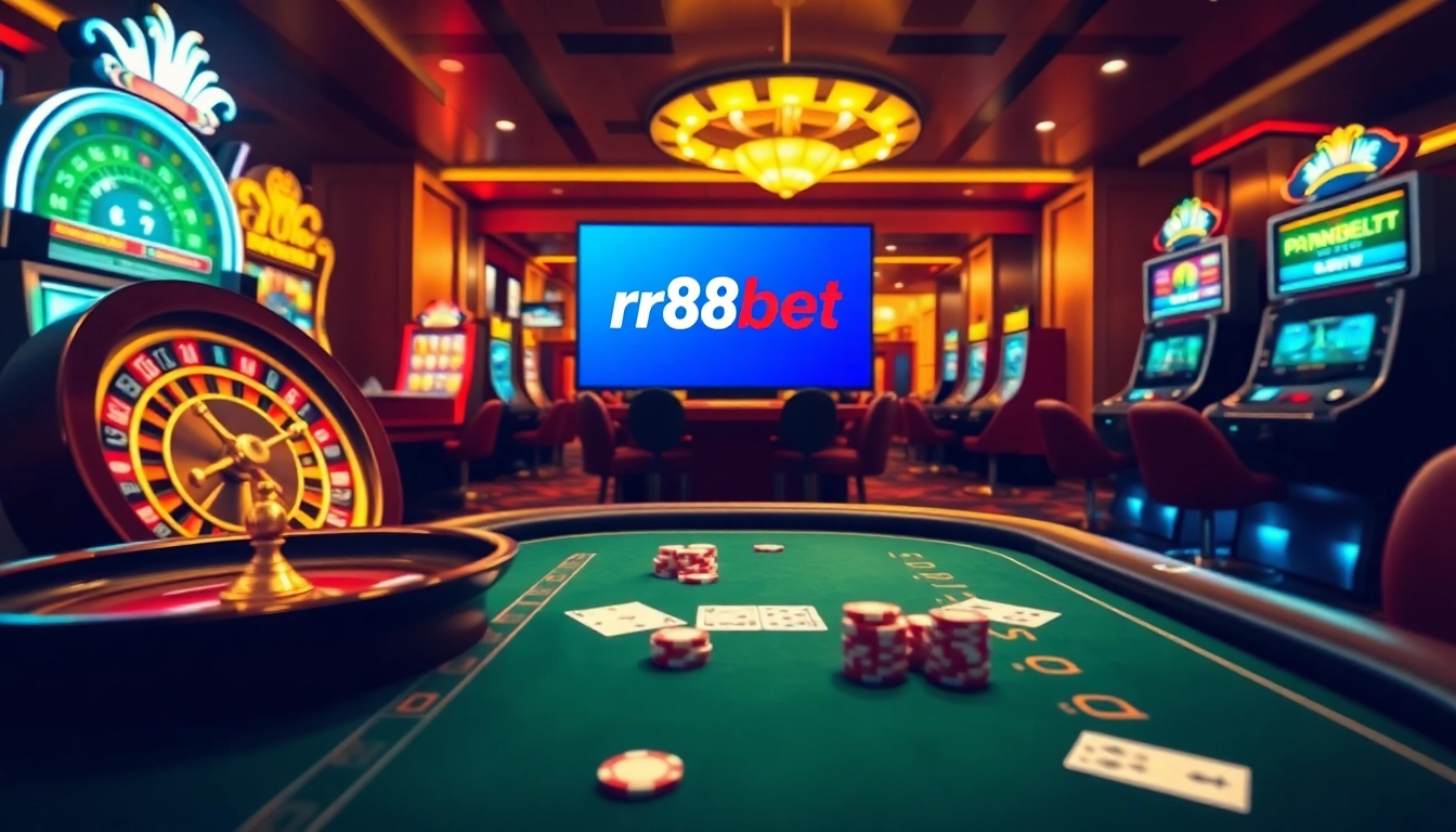 rr88bet showcases a vibrant casino environment with a roulette wheel and poker table, enhancing gaming excitement.