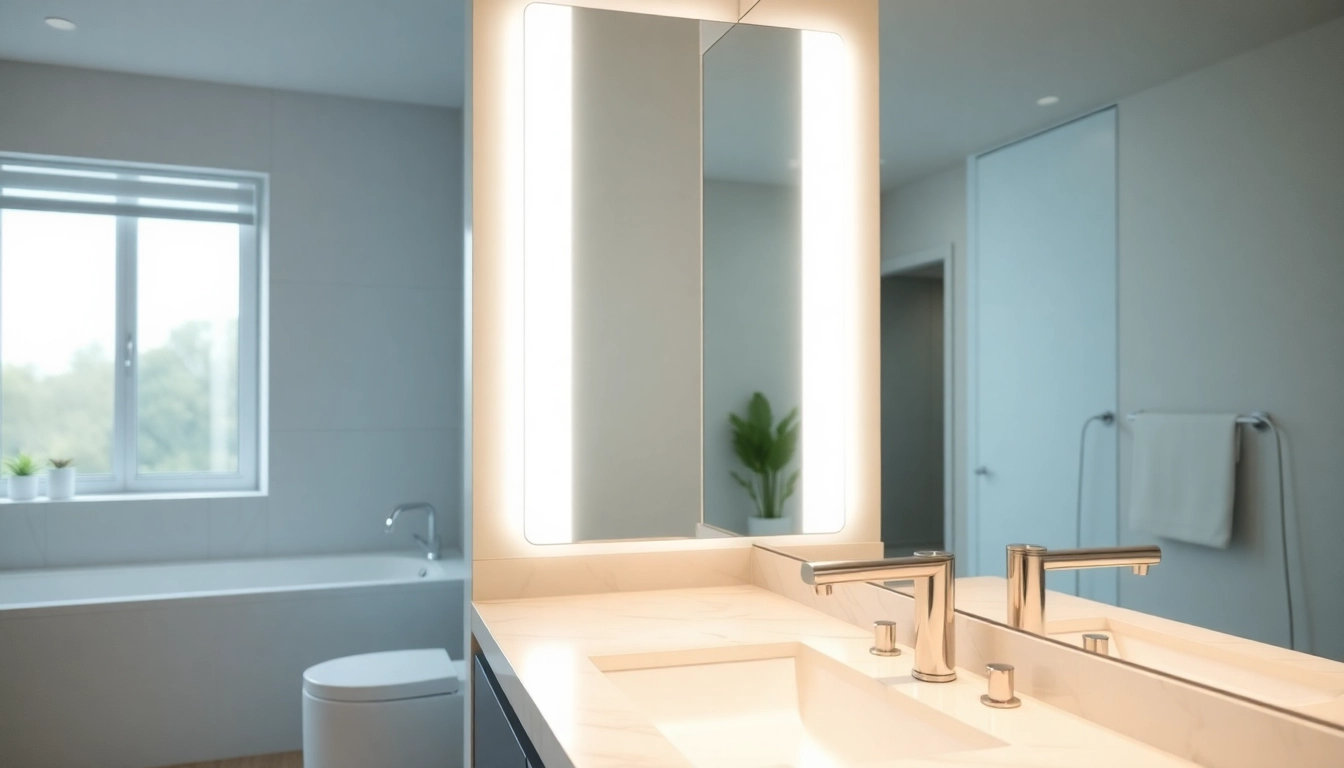 View of a luxurious led mirror bathroom featuring modern lighting and elegant fixtures.