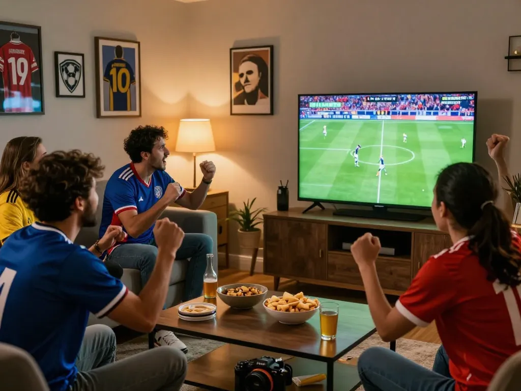 Lương Sơn TV fans enjoying a live football match in a cozy environment with lively reactions.