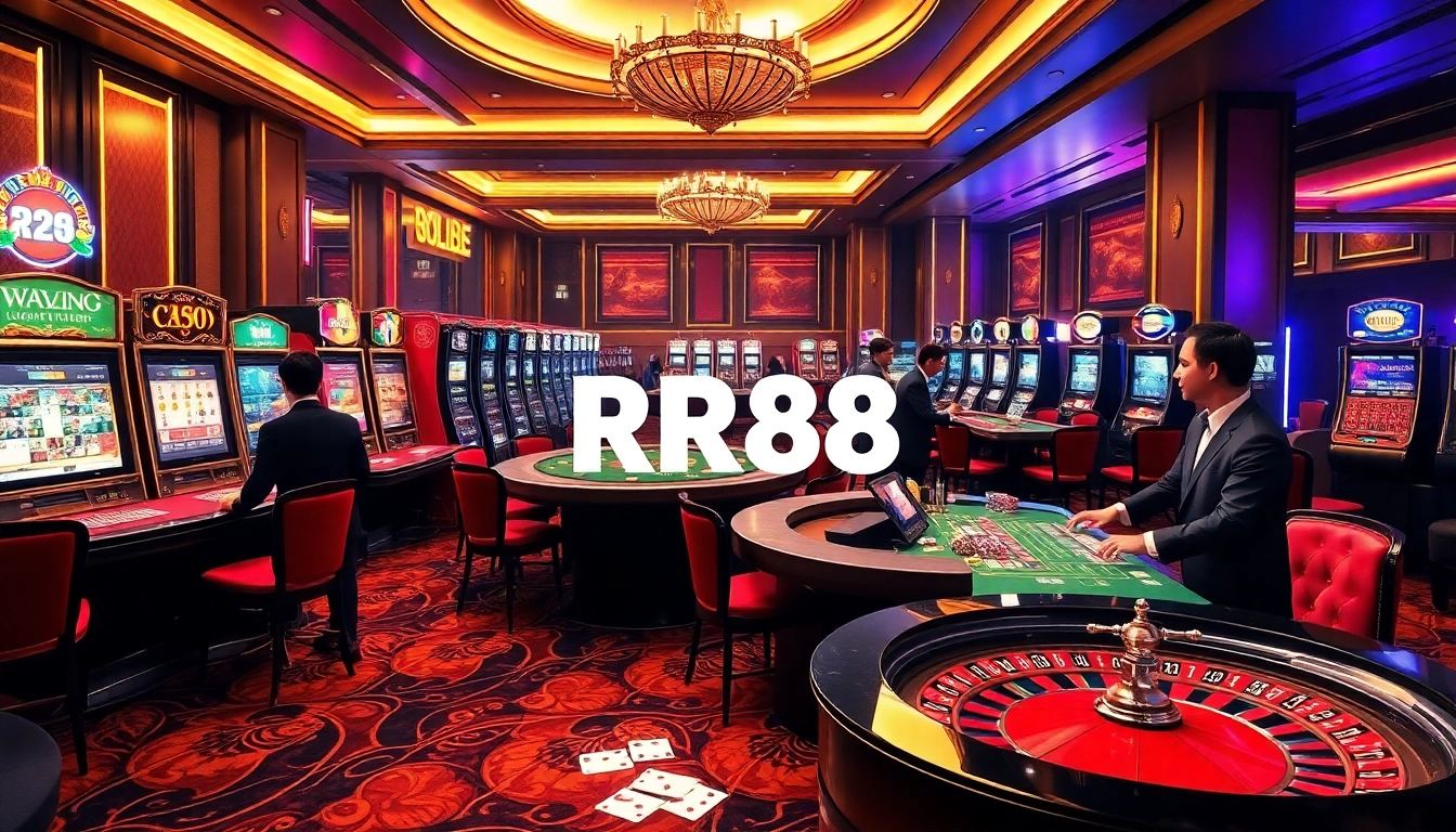 Exciting RR88 casino scene with vibrant slot machines and elegant dealers.