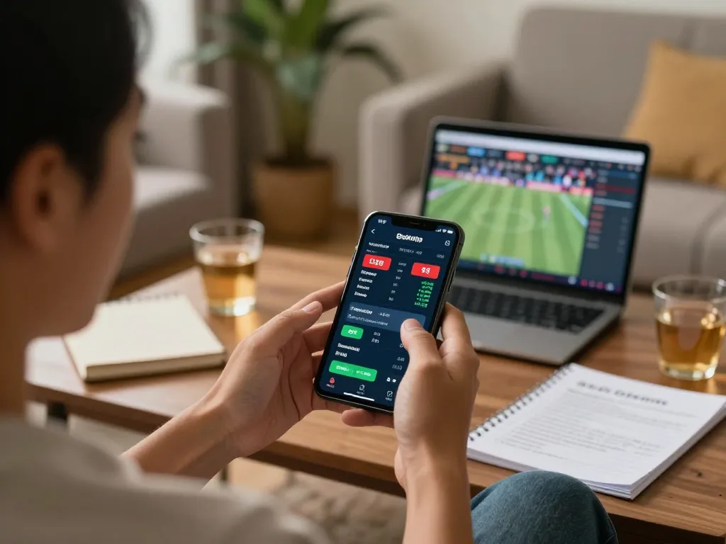 Person analyzing kèo nhà cái on smartphone during sports betting in cozy home setting.