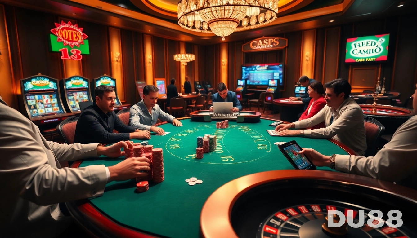 Experience exciting casino gaming at https://du88.help/ with a luxurious poker table and vibrant slot machines.