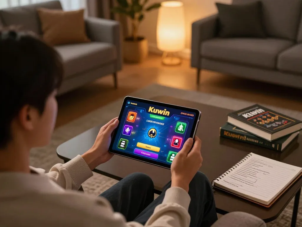 Kuwin user engaging with exciting online casino game on a tablet in a cozy home setting.