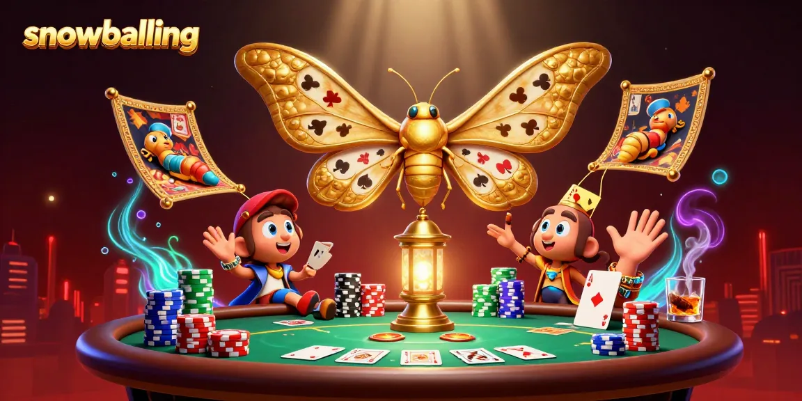 Engage in snowballing action with a vibrant casino scene, featuring golden moths and poker elements.