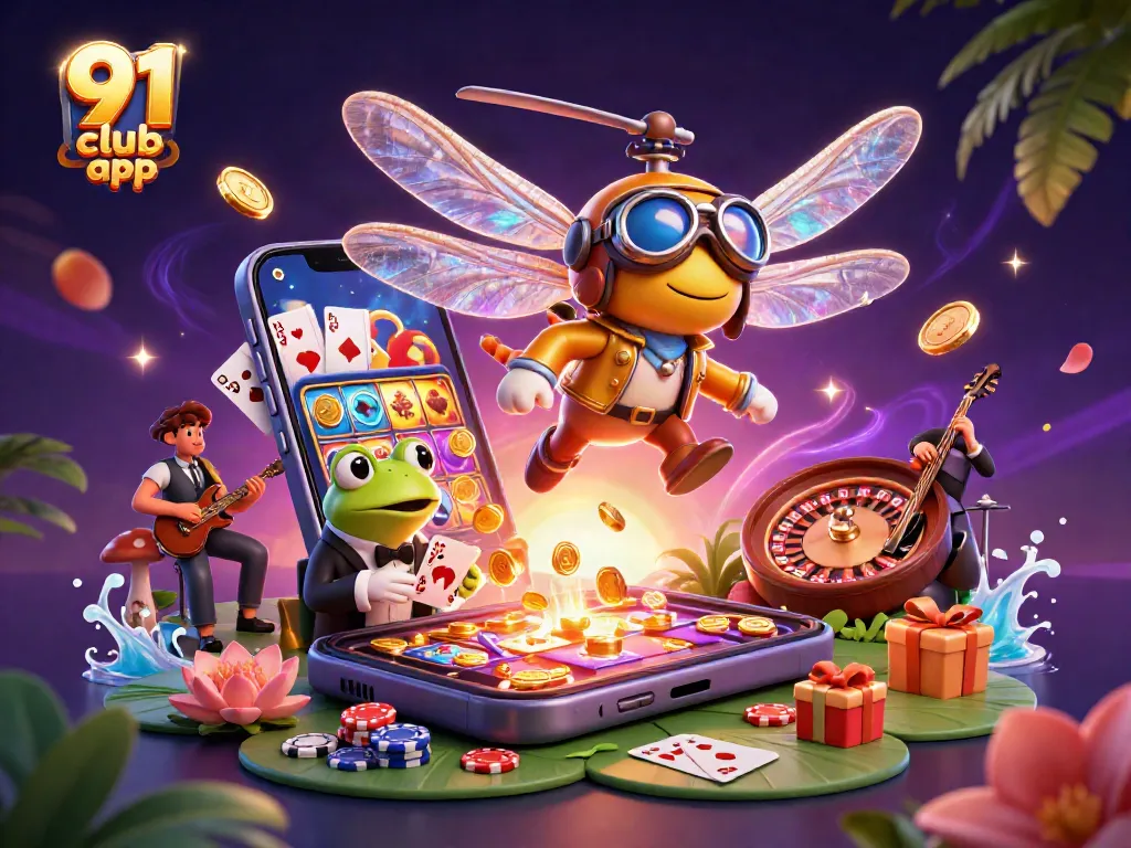 Engage with the thrilling 91 club app featuring dragonfly pilot above a vibrant lily pad casino.