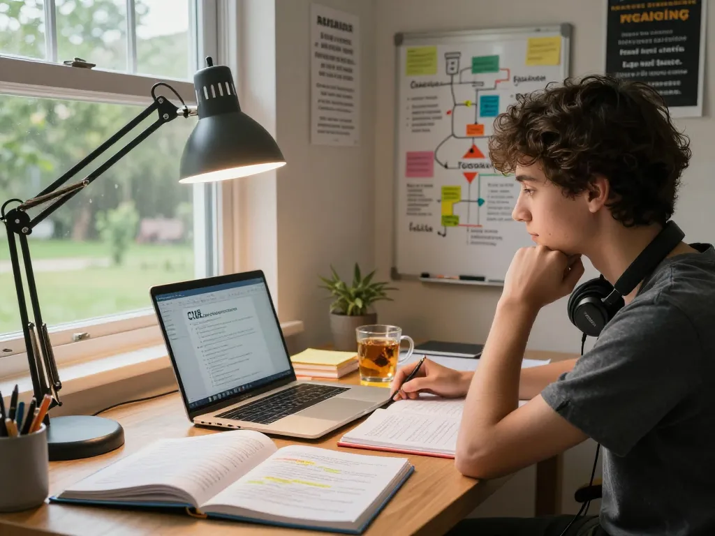 Student studying critical thinking C168 course in cozy workspace with organized notes.