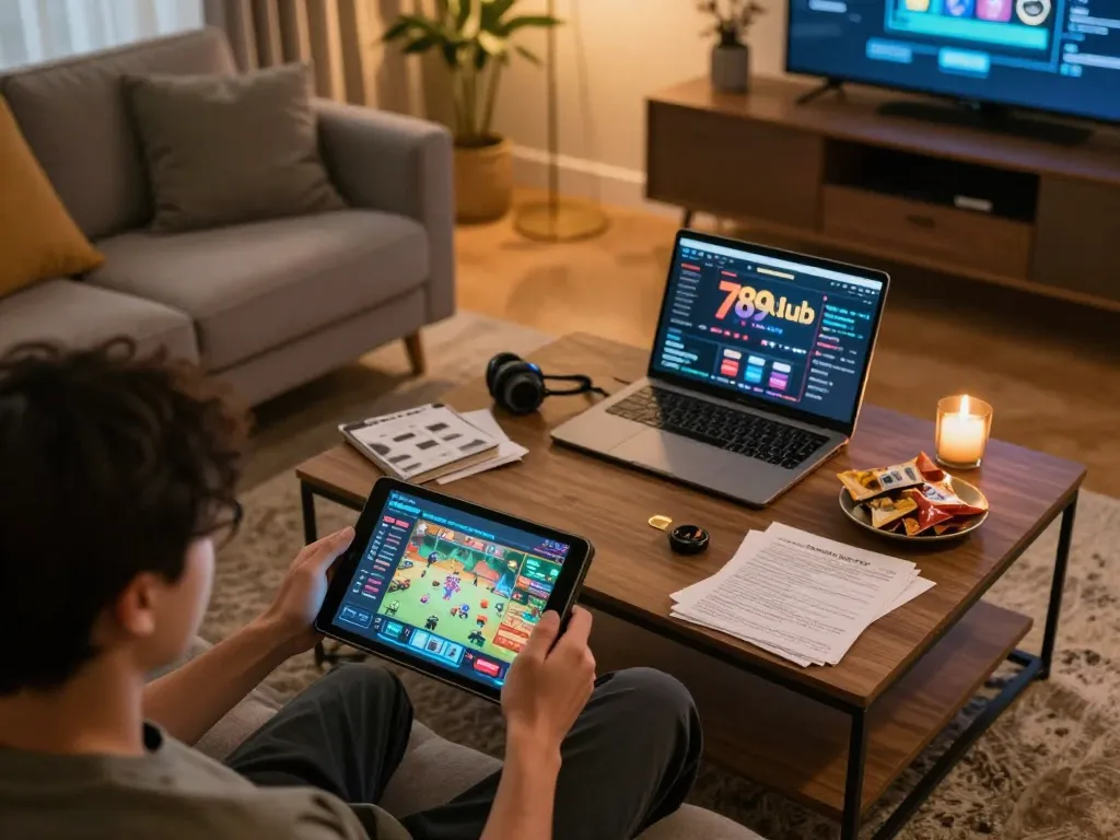 Person enjoying online gaming on 789club from a cozy home setup with a tablet.