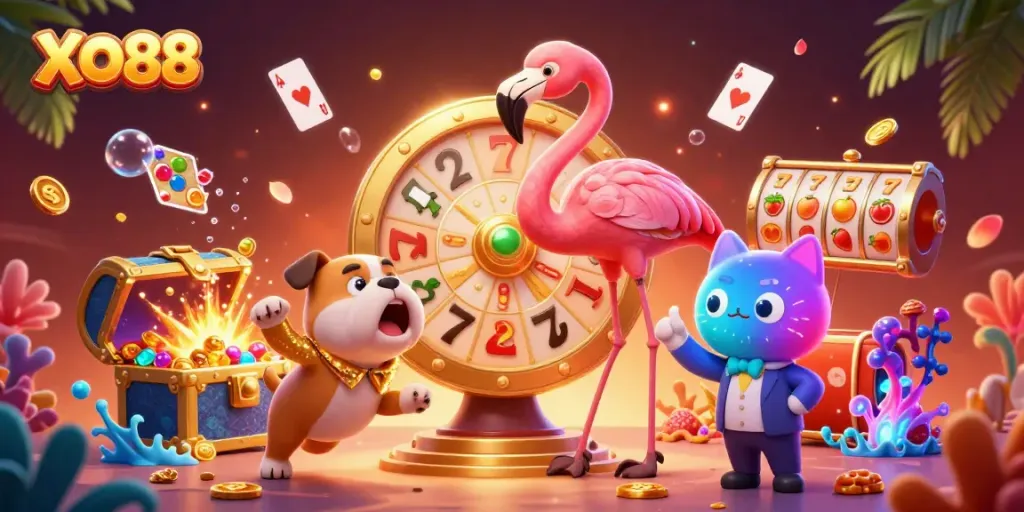 Experience thrilling games at XO88, featuring a vibrant scene with a flamingo host and dynamic prizes.