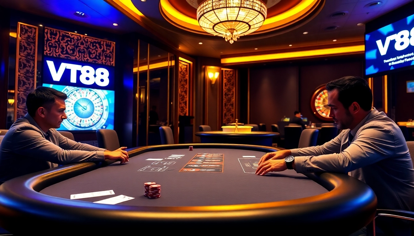 VT88 logo at a luxury poker table with excited players in a vibrant casino setting.