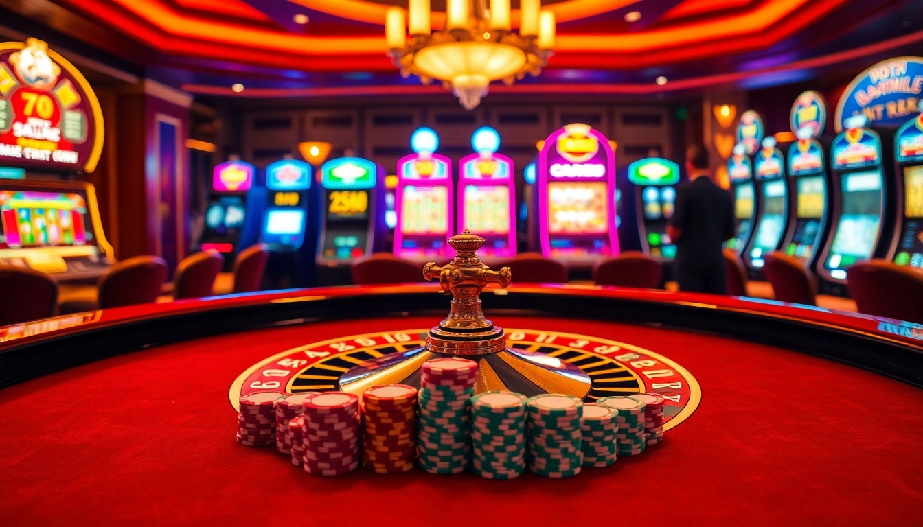 Experience the excitement of the 7m casino scene with poker chips stacked and a roulette wheel spinning.