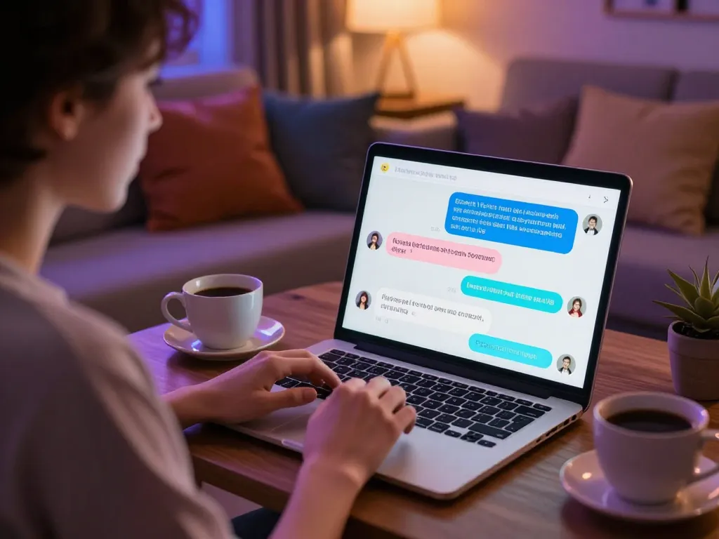 Engaging NSFW AI chat conversation in a cozy home setting with vibrant chat bubbles.