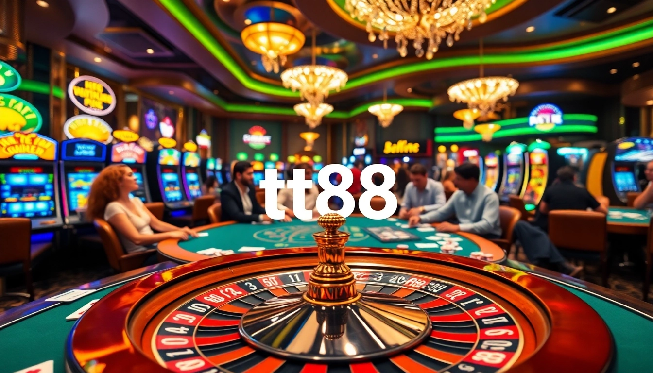 Action-packed casino environment with tt88, featuring a lively blackjack table, cards, and chips.
