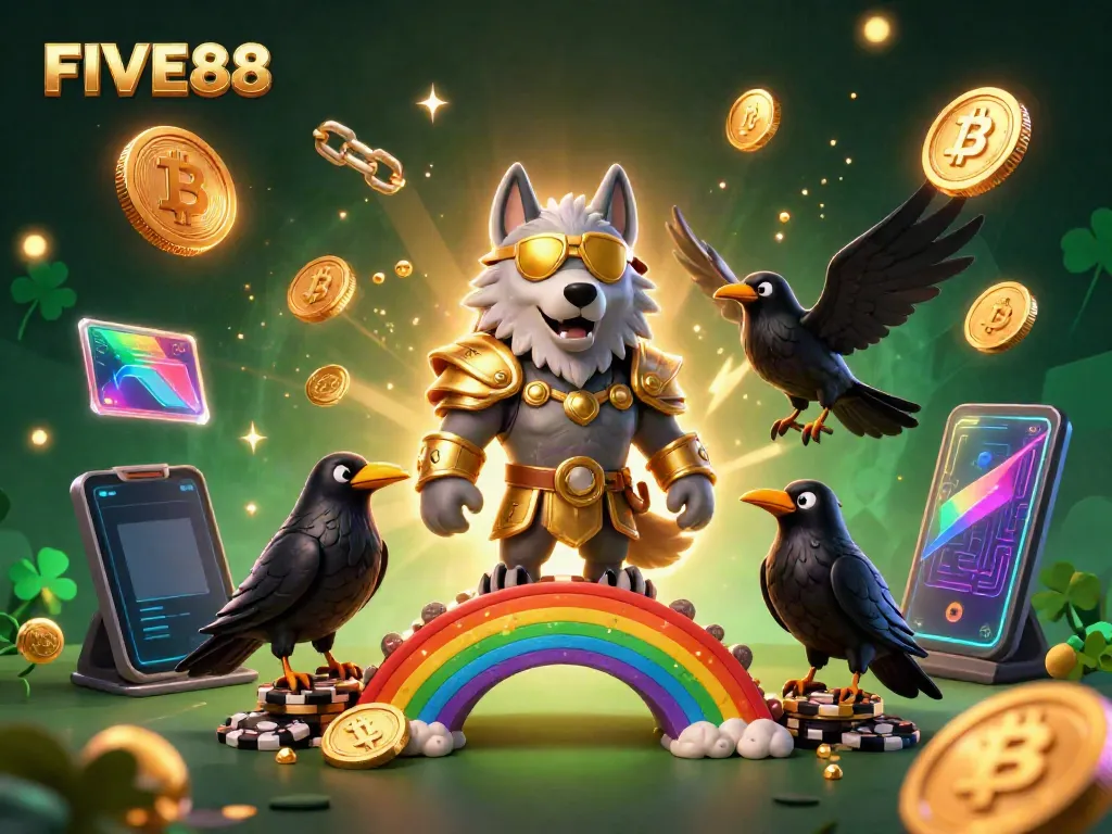 Experience the thrilling world of FIVE88 with an Odin wolf and ravens on a casino chip bridge.