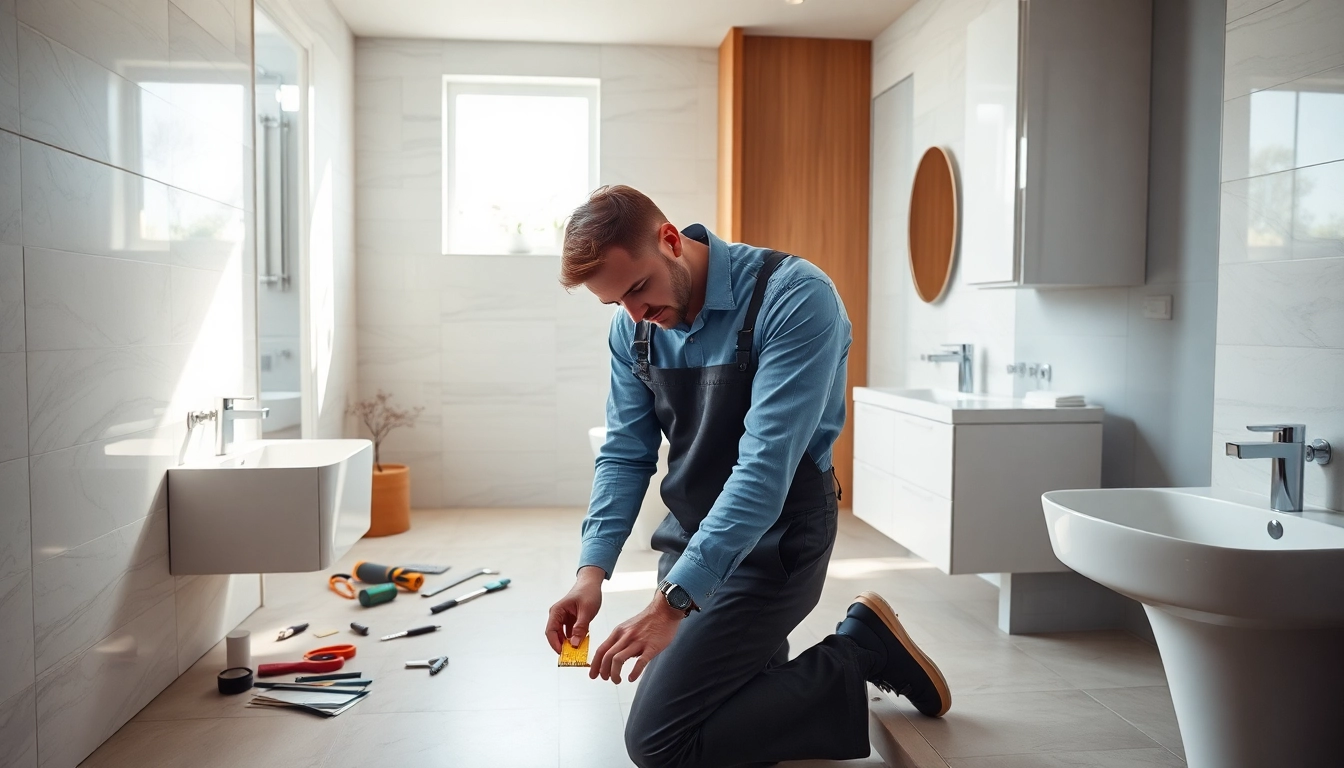 Bathroom fitter Manchester measuring for tile installation in a modern bathroom setting.
