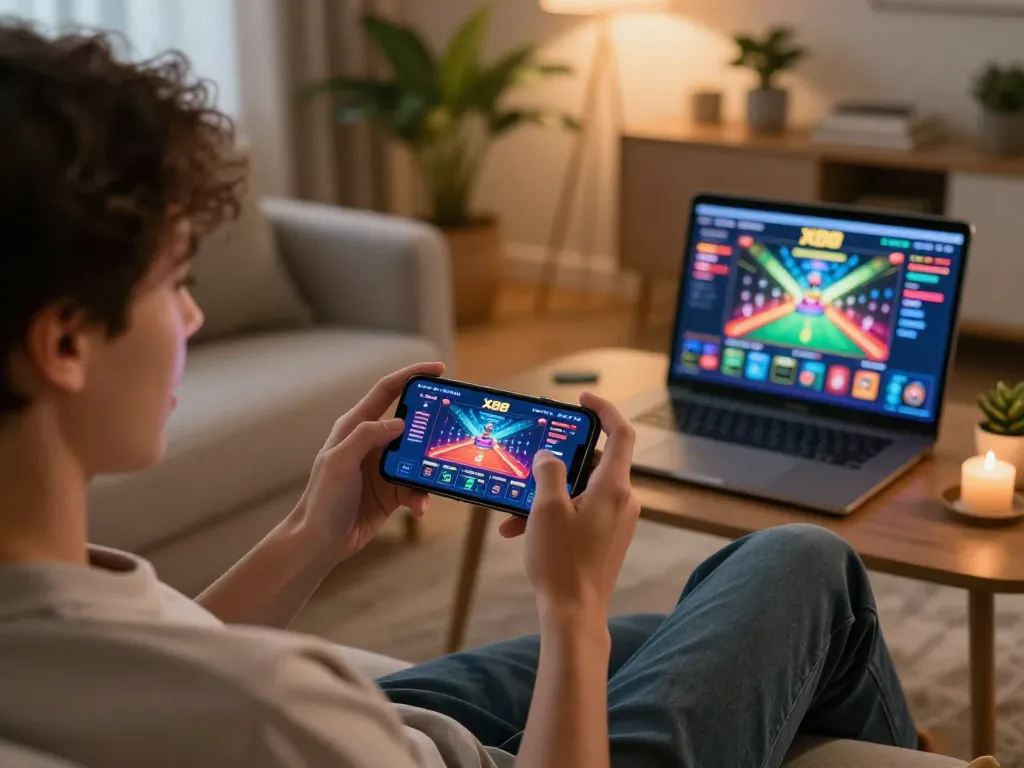 X88 app user engaged in mobile gaming, enjoying casino experience on smartphone at home.