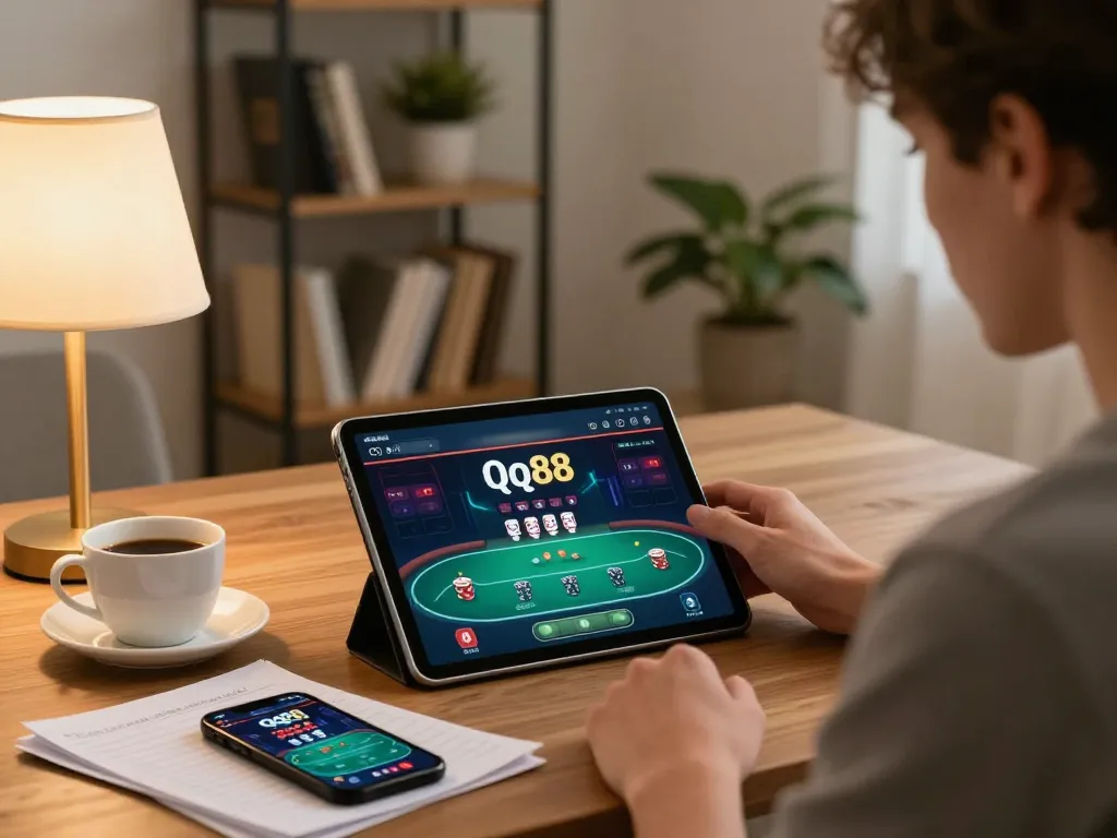 Engaging home gaming scene with person using qq88 platform, displaying poker interface and strategy notes.