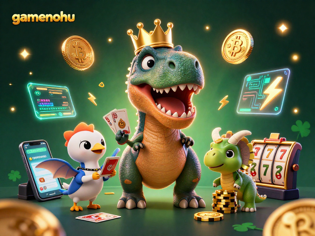 Join the fun at gamenohu with a vibrant 3D illustration showcasing a T-Rex shuffling cards!