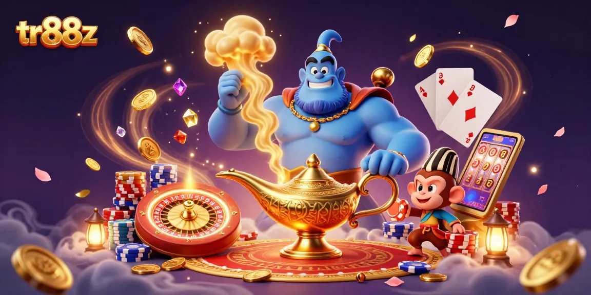 Experience thrilling gaming at tr88z with a magical genie, poker chips, and casino action.