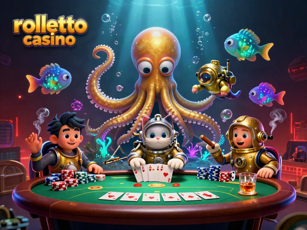 Experience the vibrant action at Rolletto Casino with a kraken, diving cat, and poker elements.