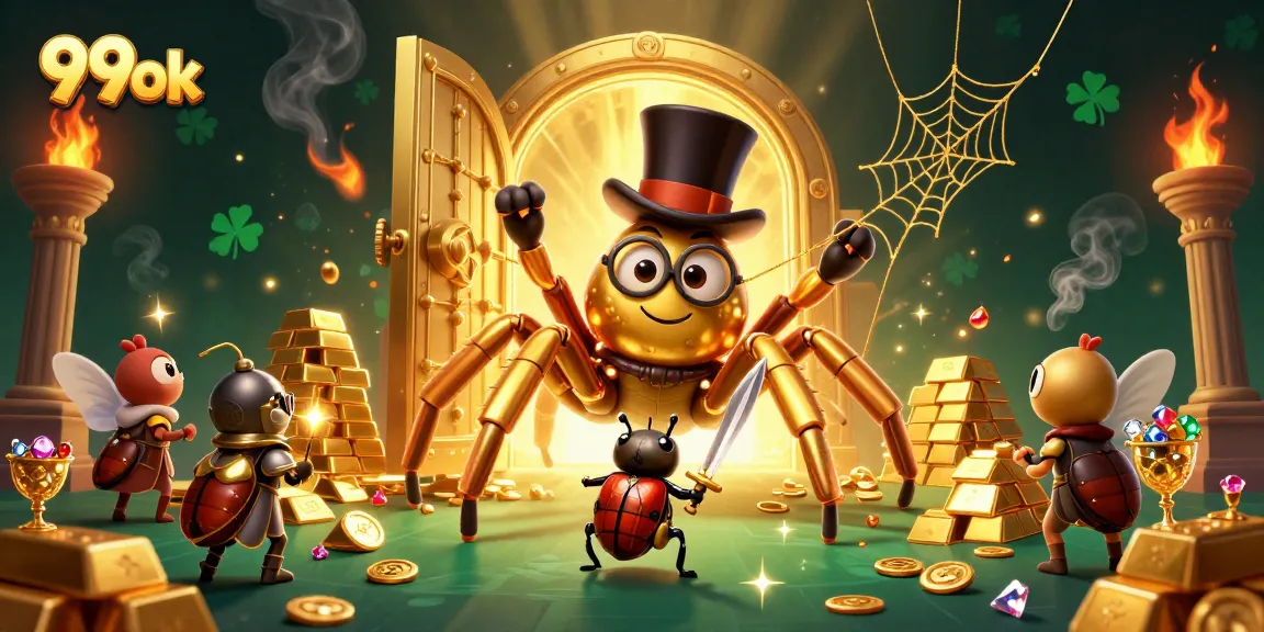 Engage in thrilling gameplay at 99ok with the animated scene featuring a golden tarantula and brave beetle knight.